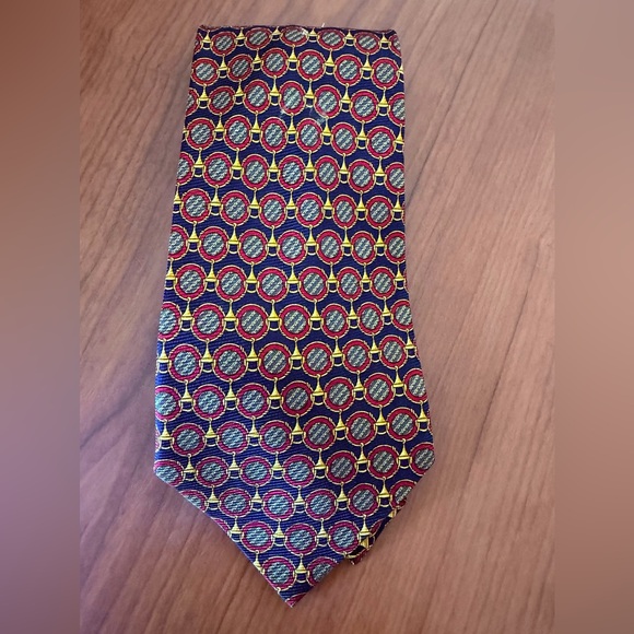 Bullock & Jones Handmade Spain Silk Medallion Tie Navy Red Gold 57” - Picture 5 of 13